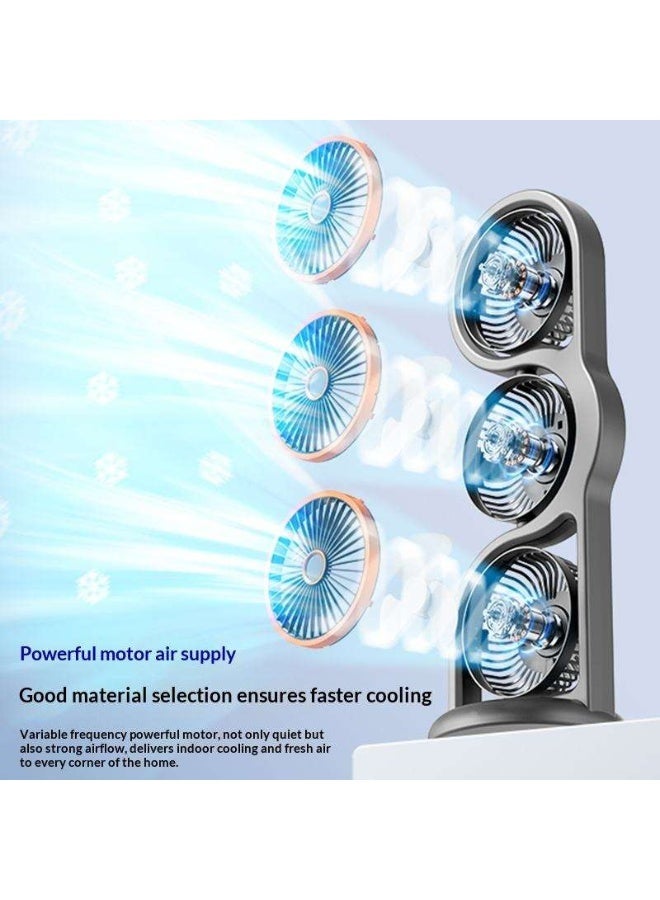 Three Head Mini Desktop Tower Fan – Portable USB Rechargeable Personal Air Circulator with Wide Angle 360° Air Supply, 3 Independent Cooling Turbines, Multi-Speed Airflow & Built-In LED Night Light for Home - Image 2