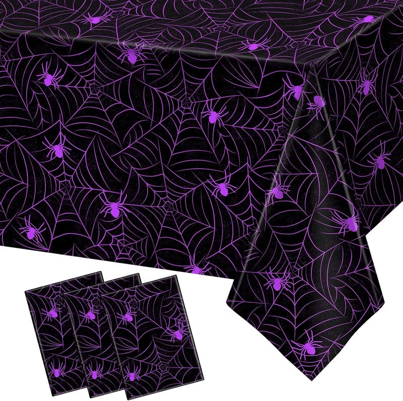TREWAVE 3 Pack Halloween Spiderweb Tablecloth Rectangular Plastic Spider Web Table Cloth Large Size Table Covers for Home Decor Halloween Party Decorations 54" x 108" (Purple Spider) - Image 1