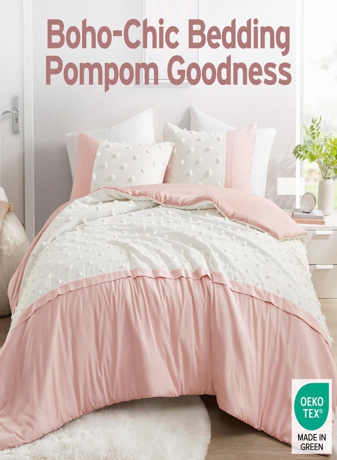 Intelligent Design King Duvet Cover King Bedding Sets for Girls & Boys Clipped Jacquard Pompom Boho Duvet Cover Set Kids, Microfiber King Size Duvet Cover Set, Shay, King/Cal King, Pink 3 Piece - Image 2
