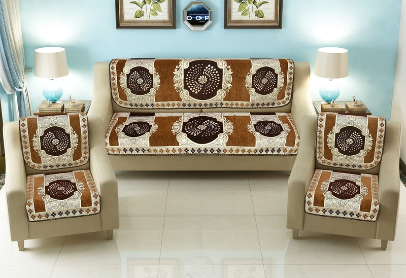 Jayvaam Sawna Homes Chenille Sofa Cover Set 5 Seater Living Room - 3 Seater & 2 Seater Sofa Slip Covers Home - Premium Furniture Protector Panels Sofa Couch Office, 10 Piece, Chiku Coffee - Image 5