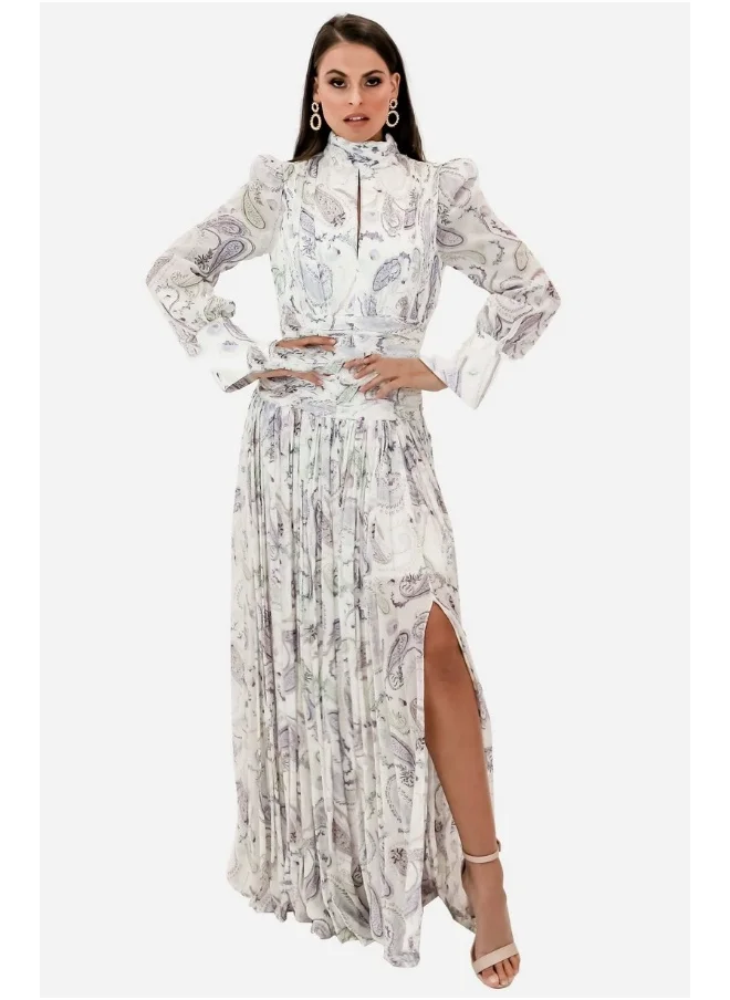 Madam Uniq White Fashionable Silk Floral High-Slit Maxi Dress for Beach Vacation