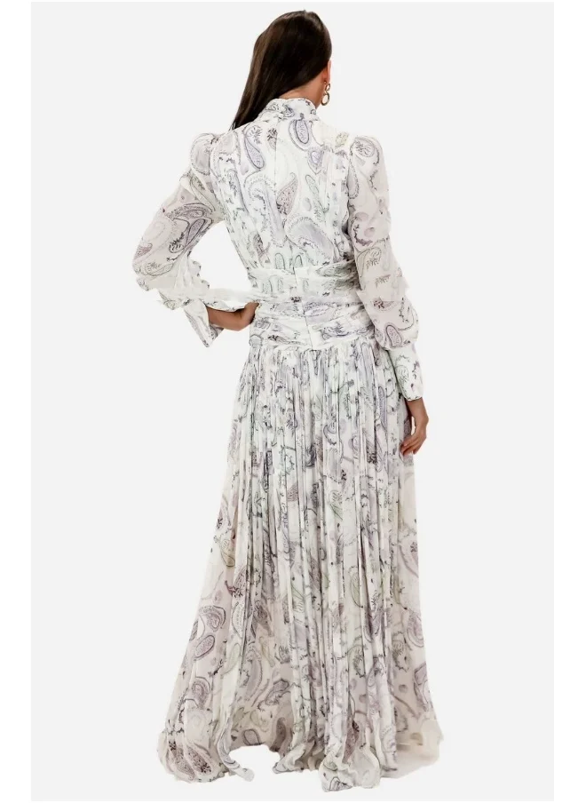 Madam Uniq White Fashionable Silk Floral High-Slit Maxi Dress for Beach Vacation