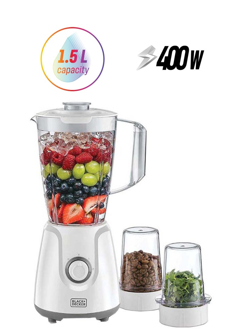 BLACK+DECKER Blender with Grinder Mill & Chopper Mill, 1.5L Jar, 2-Speed with Turbo Function, Durable Plastic Build, Multi-Purpose for Smoothies, Juices & Food Prep, 1.5 L 400 W BX4000-B5 White - Image 1