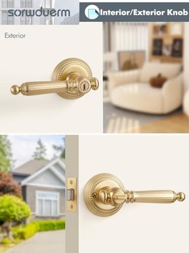 SORWDUERM 1 Pack Gold Door Lever with Lock and Key Entry Satin Brass Door Handle Door Lever Brushed Gold Bedroom and Bathroom Zinc Alloy - Image 4