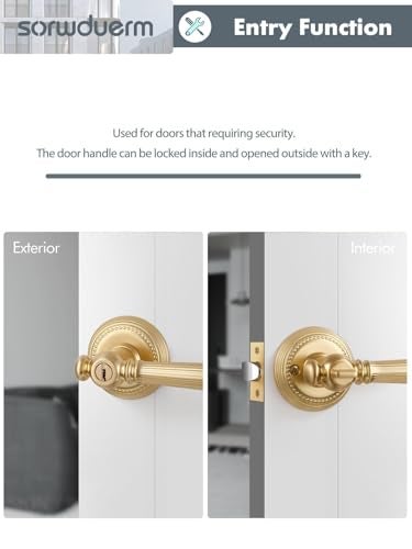 SORWDUERM 1 Pack Gold Door Lever with Lock and Key Entry Satin Brass Door Handle Door Lever Brushed Gold Bedroom and Bathroom Zinc Alloy - Image 5