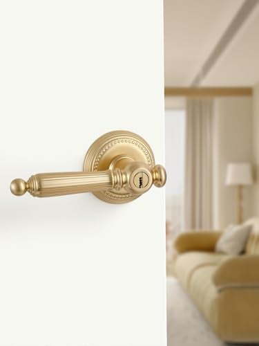 SORWDUERM 1 Pack Gold Door Lever with Lock and Key Entry Satin Brass Door Handle Door Lever Brushed Gold Bedroom and Bathroom Zinc Alloy - Image 3