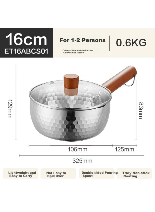 Supor Xuepingo Hammered Stainless Steel Small Milk Pot, Noodle Soup Pot, Baby Food Pot, 16cm, Et16abcs01 - Image 1