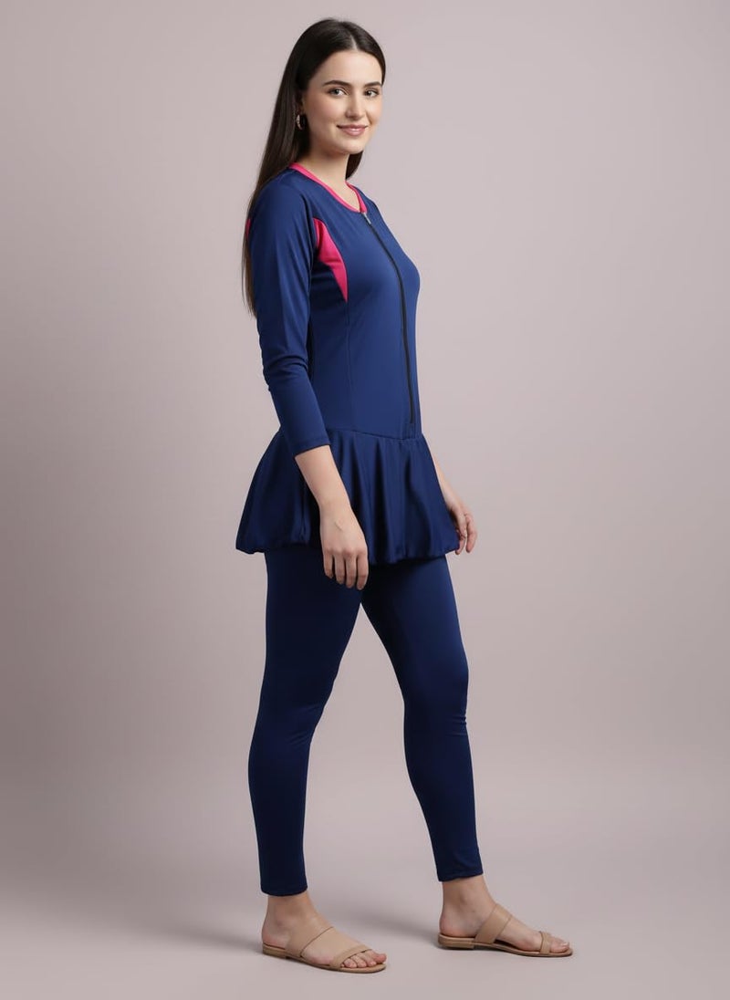 N-Gal Women Full Length Padded One Piece Swimming Costume|Swimsuit Set for Women|NavyPink|L - Image 2