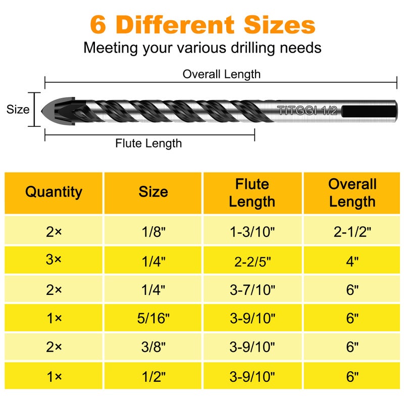 TITGGI Masonry Drill Bit Set & Carbide Drill Bits, Extension Professional Drill Bit Set (11PCS) for Glass/Brick/Plastic/Cement/Wood/Tile/Etc, Industrial Strength Carbide Drill Bit Tip, 1/8"-1/2" by TITGGI - Image 3