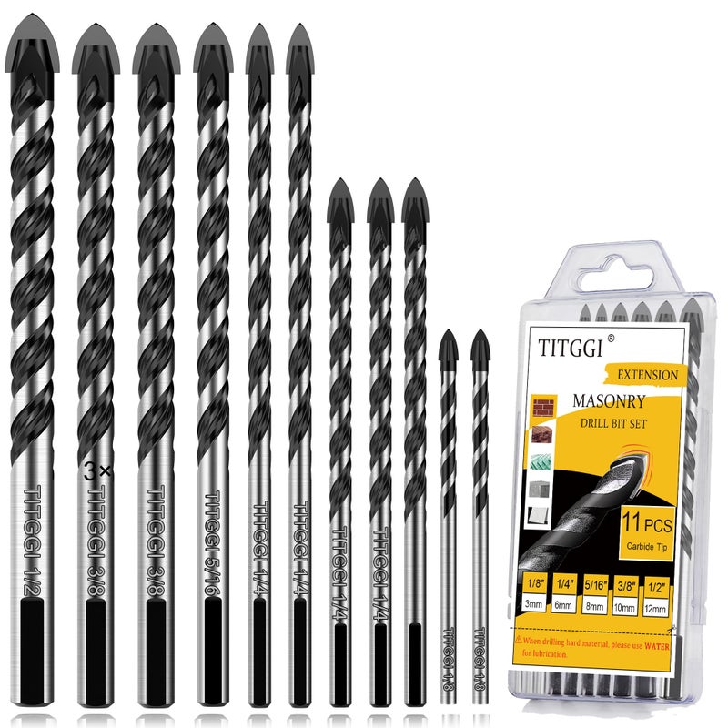 TITGGI Masonry Drill Bit Set & Carbide Drill Bits, Extension Professional Drill Bit Set (11PCS) for Glass/Brick/Plastic/Cement/Wood/Tile/Etc, Industrial Strength Carbide Drill Bit Tip, 1/8"-1/2" by TITGGI - Image 1