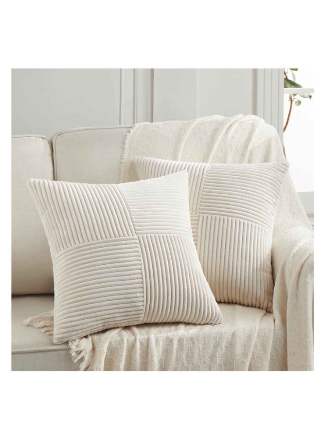 2 Packs,Boho Throw Pillow Covers,Cream Decorative Throw Pillow Covers 18x18 Inch for Living Room Couch Bed Sofa, Rustic Farmhouse Home Decor, Soft Corss Corduroy Patchwork Textured Square Cushion Case 45x45 cm - Image 1
