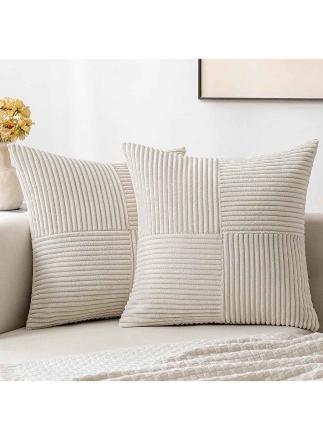 2 Packs,Boho Throw Pillow Covers,Cream Decorative Throw Pillow Covers 18x18 Inch for Living Room Couch Bed Sofa, Rustic Farmhouse Home Decor, Soft Corss Corduroy Patchwork Textured Square Cushion Case 45x45 cm - Image 2