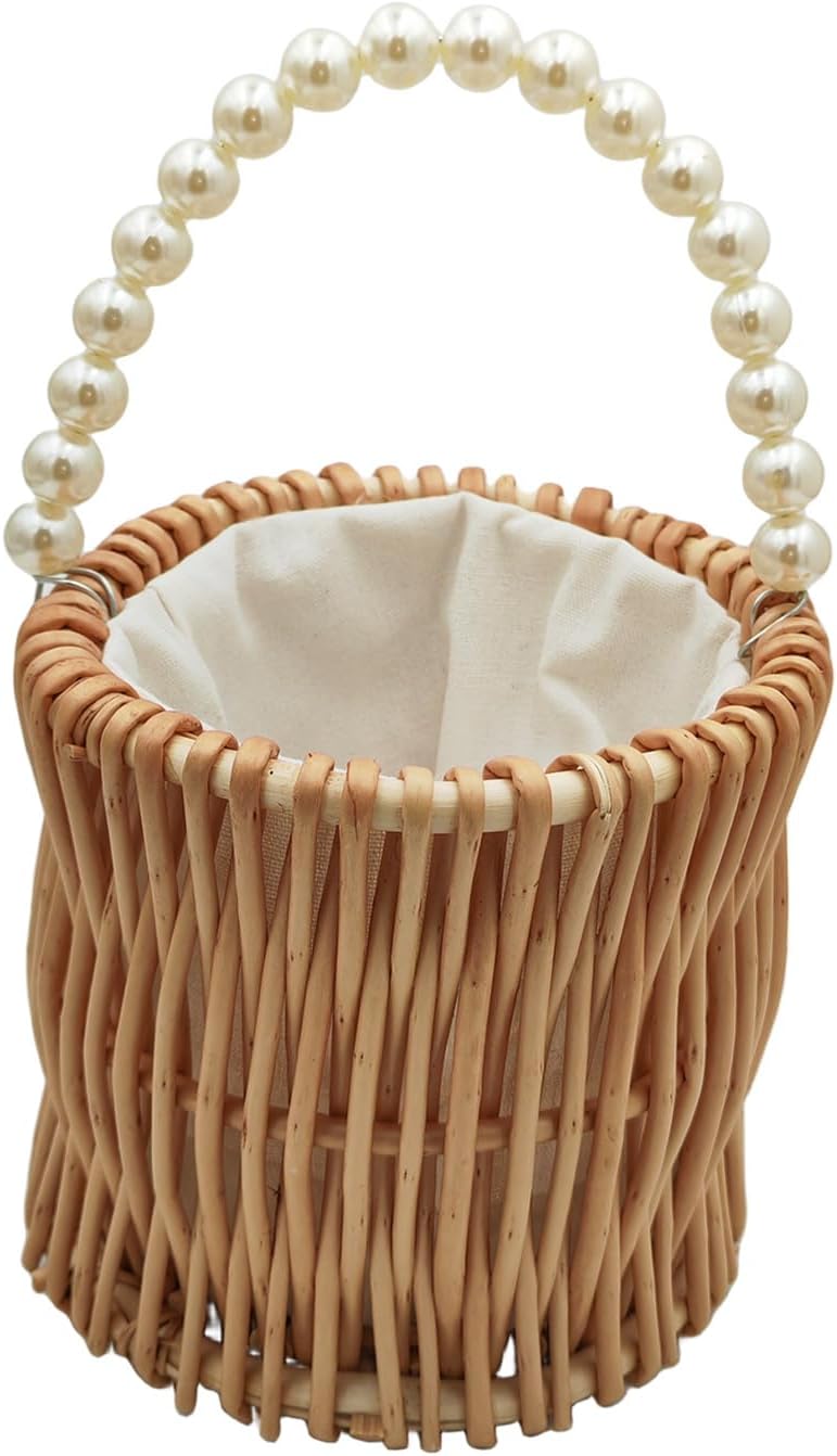 Yuudar Rustic Wicker Rattan Wedding Flower Girl Baskets,Woven Rattan Storage Basket with Pearl Handles,Woven Eggs Candy Basket for Wedding Home Garden Decor (G) - Image 1