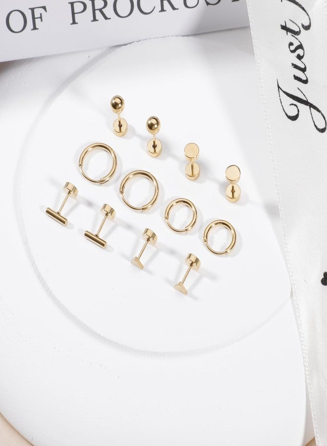 Staligue 6-Pair G23 Pure Titanium Earrings Set – Hypoallergenic 20G Flat Back Hoops & Studs with Ball, Dot, Triangle Designs for Sensitive Ears & Cartilage Piercing (Golden) - Image 3