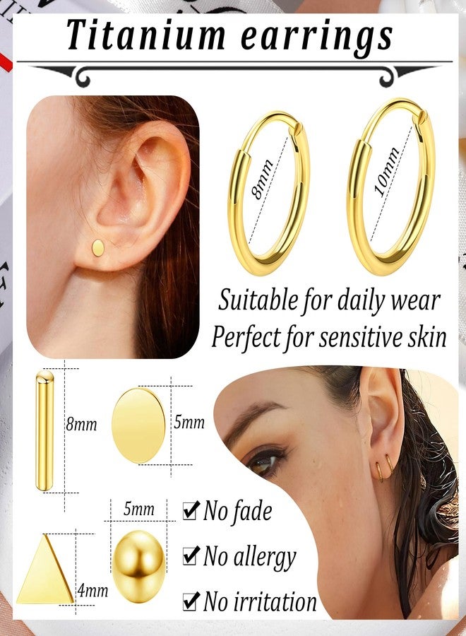 Staligue 6-Pair G23 Pure Titanium Earrings Set – Hypoallergenic 20G Flat Back Hoops & Studs with Ball, Dot, Triangle Designs for Sensitive Ears & Cartilage Piercing (Golden) - Image 2