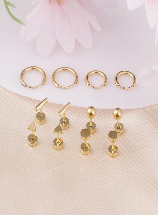 Staligue 6-Pair G23 Pure Titanium Earrings Set – Hypoallergenic 20G Flat Back Hoops & Studs with Ball, Dot, Triangle Designs for Sensitive Ears & Cartilage Piercing (Golden) - Image 4