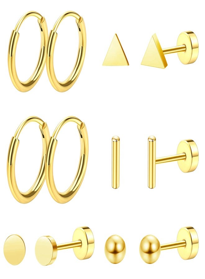 Staligue 6-Pair G23 Pure Titanium Earrings Set – Hypoallergenic 20G Flat Back Hoops & Studs with Ball, Dot, Triangle Designs for Sensitive Ears & Cartilage Piercing (Golden) - Image 1