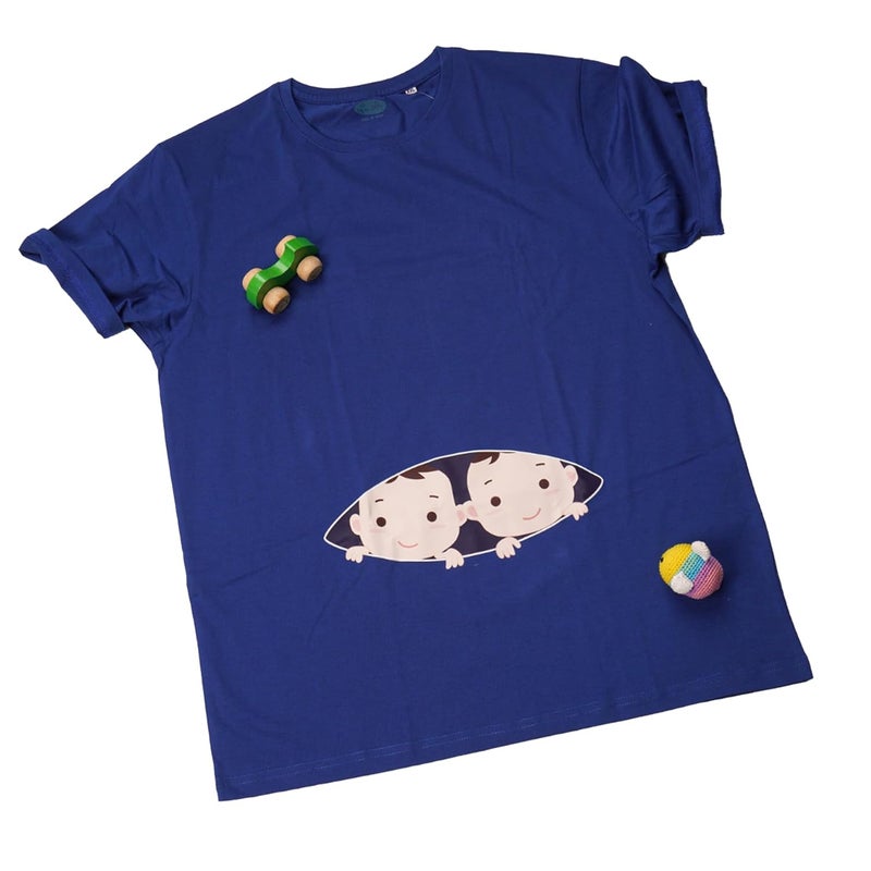 TwinsTribe Peek-a-Boo Tees for Women - Cotton Round Neck Half Sleeves Printed T-Shirt | Tee for Twins Moms - | Blue - Image 1