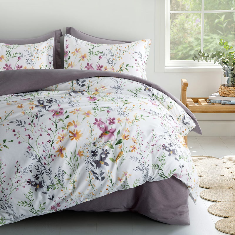 Eikei Windflower Bedding Bloomfield Floral Duvet Cover 3pc Set Cotton Botanical Nature Vines Branches Birds Butterflies Multicolored Flowers FullQueen White