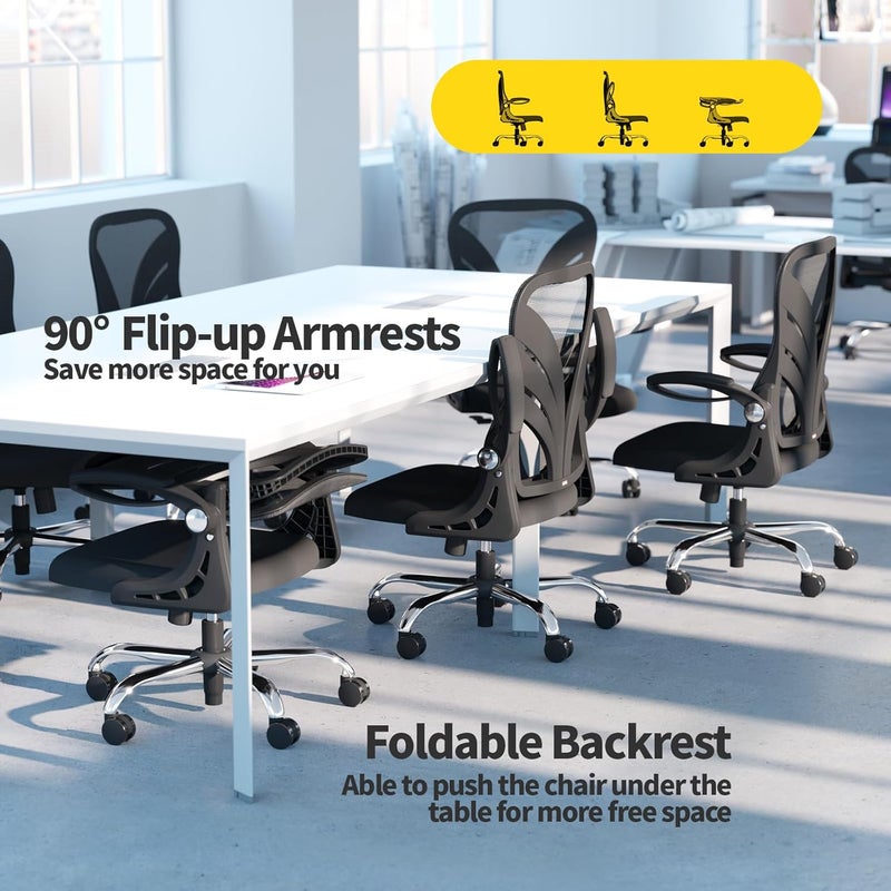 HOLLUDLE كرسي مكتب هولودل المريح مع مسند ظهر قابل للطي، كرسي مكتب كمبيوتر بمقعد عريض (52 سم)، مساند ذراع قابلة للرفع، دعم قطني شبكي ووظيفة إمالة، أسود - Image 3