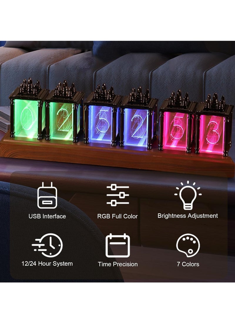 Generic - Nixie Tube Clock Walnut Digital Clock, Easy Alarm Settings & 12/24h Alarm Display, Adjustable Brightness and Color Night Light RGB Lighting Desk Clock Assembly Required, Retro Gift to Decorate - Image 1