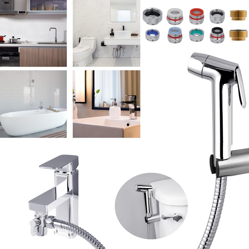 Hibbent Sink Faucet Hose Sprayer Attachment with 10 Adapters Dual Function Handheld Bidet Rinser Shower Head for Feminine Hygiene Baby Diaper Cleaning Pet Bathing