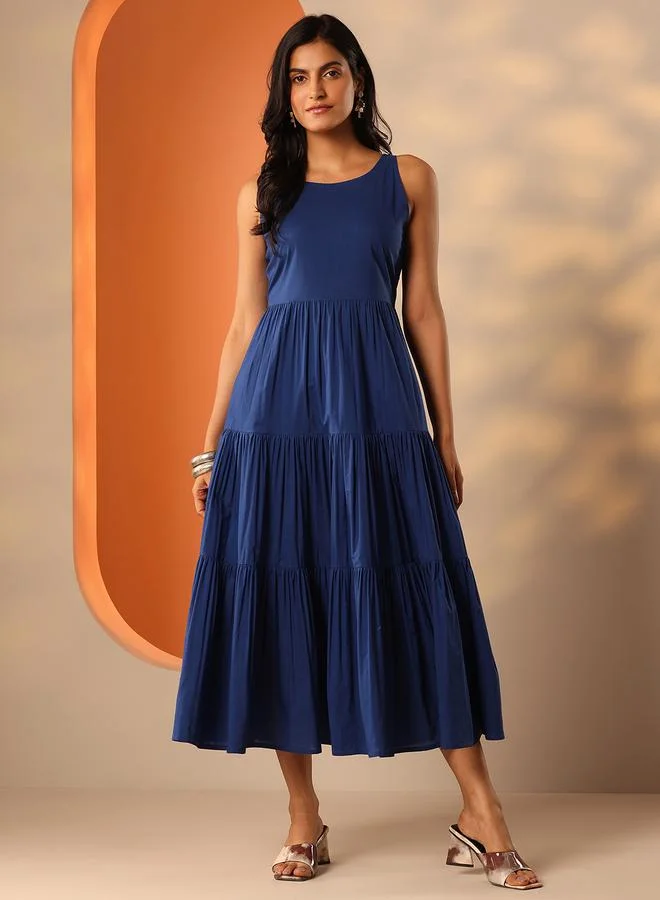لباس Blue Solid Cotton Sleeveless Tiered Midi Dress