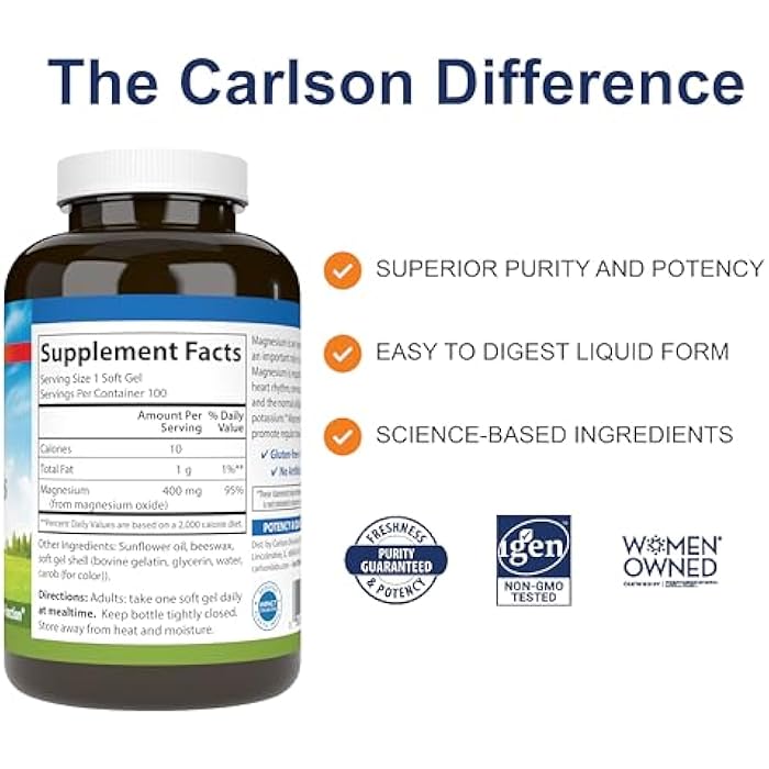 Carlson - Magnesium Gels, 400 mg of Magnesium per Softgel, Heart & Muscle Support, Magnesium Gel Caps, Bowel Function, Magnesium Supplement, 100 Softgels - Image 2