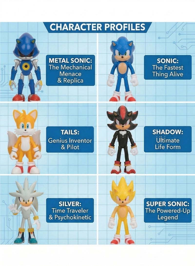 سونيك مجموعة شخصيات سونيك القنفذ 3 - مجموعة ألعاب مكونة من 6 قطع تضم سونيك، شادو، تيلز، سيلفر، ميتال سونيك، وسوبر سونيك | مجسمات شخصيات أفلام قابلة للتجميع | زينة للكيك وهدية مثالية لأعياد الميلاد، رمضان، والعيد للأطفال من عمر 3 سنوات فما فوق - Image 3