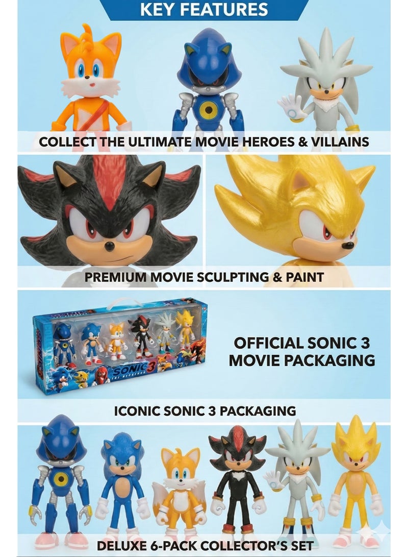 سونيك مجموعة شخصيات سونيك القنفذ 3 - مجموعة ألعاب مكونة من 6 قطع تضم سونيك، شادو، تيلز، سيلفر، ميتال سونيك، وسوبر سونيك | مجسمات شخصيات أفلام قابلة للتجميع | زينة للكيك وهدية مثالية لأعياد الميلاد، رمضان، والعيد للأطفال من عمر 3 سنوات فما فوق - Image 5