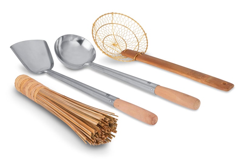 Craft Wok Tools 732W9 Ladle, Spatula, Strainer, Bamboo Brush/Utensils, Traditional Asian Cookware with Wooden Handles, Set of 4 - Image 1