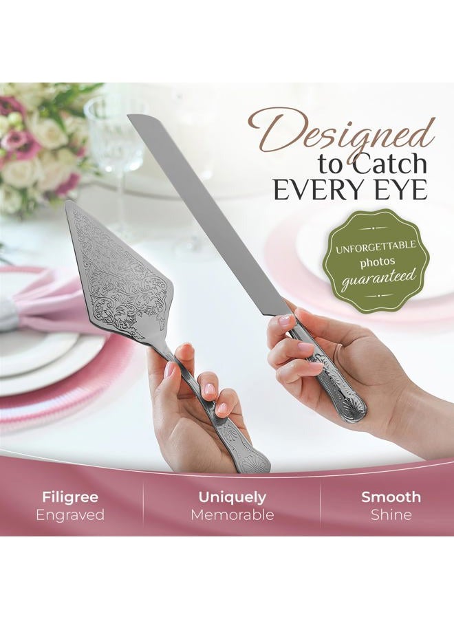 Orblue Wedding Cake Knife and Server Set - Premium, Beautifully Engraved Cutting Set - Elegant Keepsake for Newlyweds- Black - Image 2