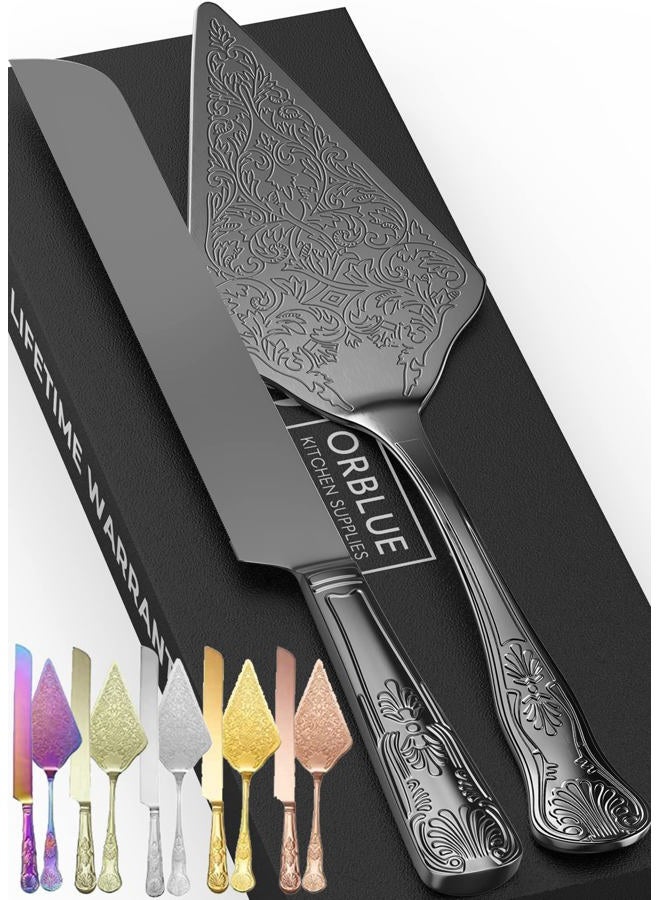 Orblue Wedding Cake Knife and Server Set - Premium, Beautifully Engraved Cutting Set - Elegant Keepsake for Newlyweds- Black - Image 1