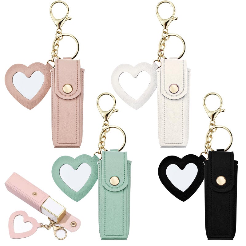 Arvintas 4 PACK PU Leather Potable Chapstick Holder Key Chain Bulk with Mirror, Lipstick Keychain, Lip Balm Organizer Holder Lipstick Travel Makeup Storage Case for Women Girls (Style 1) - Image 1