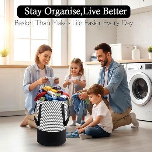 GLUN® 45L Round Laundry Basket – Non Woven Wave Print Foldable Cloth Storage Bag with Handles, Freestanding Organiser for Bedroom & Bathroom (36x36x45cm, Black & White, Pack of 1) - Image 3