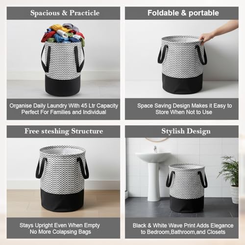 GLUN® 45L Round Laundry Basket – Non Woven Wave Print Foldable Cloth Storage Bag with Handles, Freestanding Organiser for Bedroom & Bathroom (36x36x45cm, Black & White, Pack of 1) - Image 2