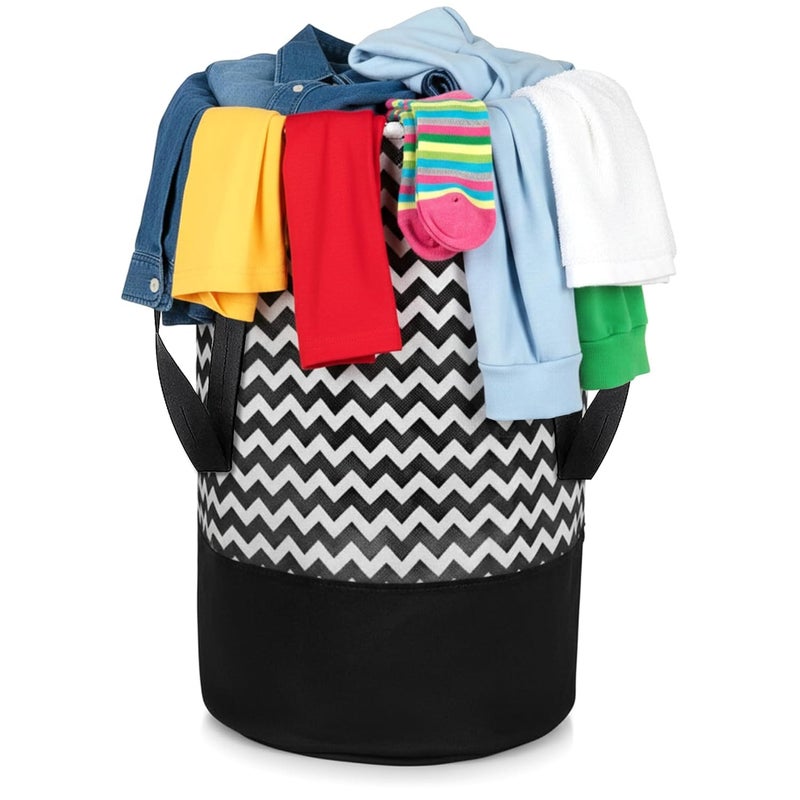 GLUN® 45L Round Laundry Basket – Non Woven Wave Print Foldable Cloth Storage Bag with Handles, Freestanding Organiser for Bedroom & Bathroom (36x36x45cm, Black & White, Pack of 1) - Image 5