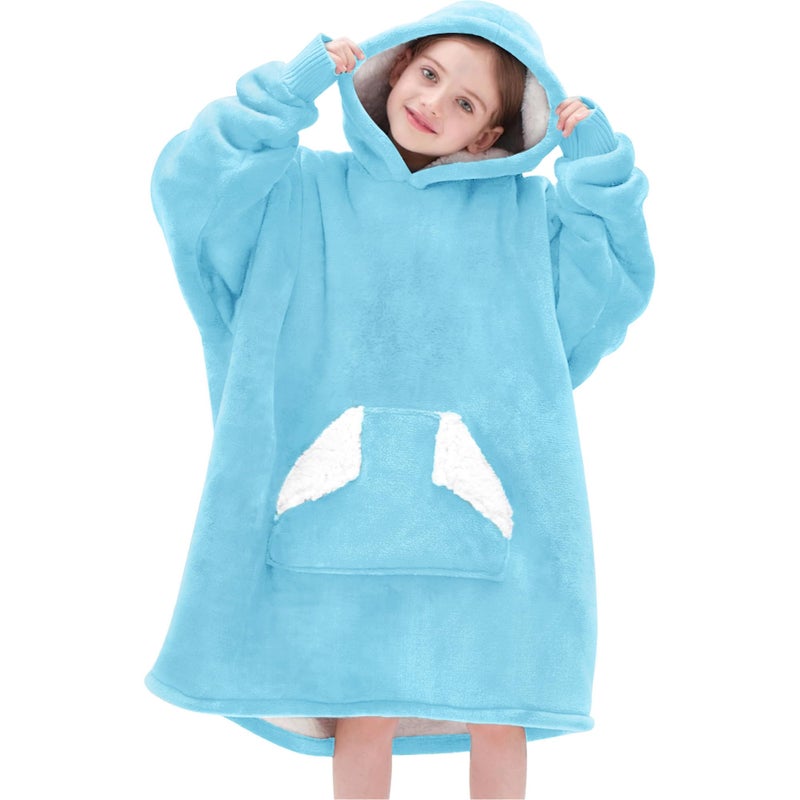 Touchat Wearable Blanket Hoodie Oversized Sherpa Blanket Sweatshirt with Hood Pocket and Sleeves Super Soft Warm Plush Hooded Blanket for Kids One Size Fits All Blue