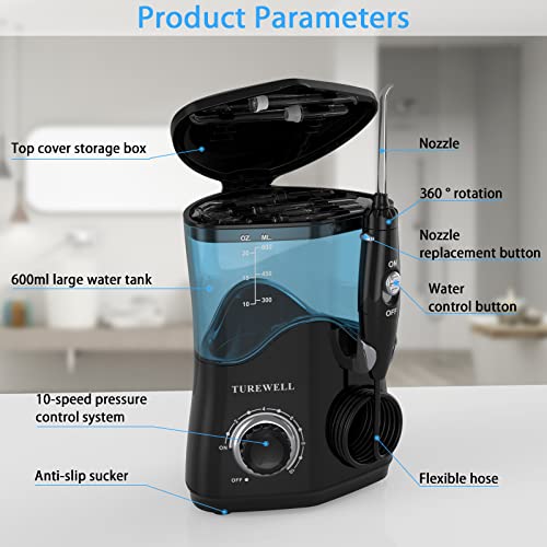 TUREWELL Water Dental Flosser for Teeth/Braces, Water Teeth Cleaner 8 Jet Tips and 10 Pressure Levels, 600ML Large Water Tank Oral Irrigator for Family(Black) - Image 3