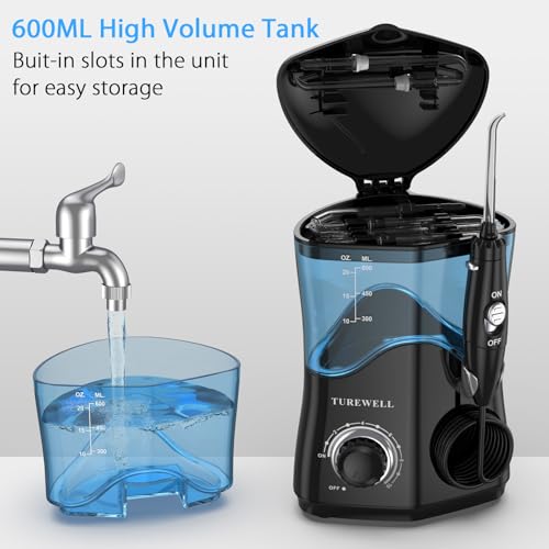 TUREWELL Water Dental Flosser for Teeth/Braces, Water Teeth Cleaner 8 Jet Tips and 10 Pressure Levels, 600ML Large Water Tank Oral Irrigator for Family(Black) - Image 2