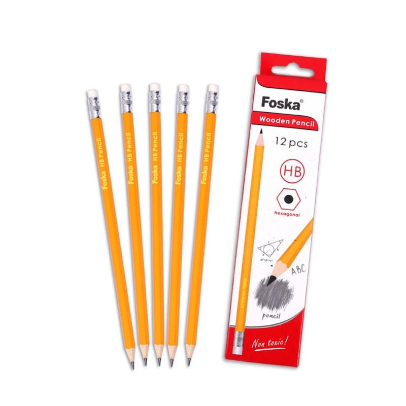FOSKA Hexagonal HB Pencil with Eraser - 12 Pack - Image 1