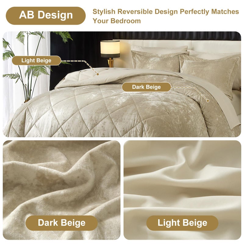 Ivellow King Comforter Set 7 Pieces Bed in a Bag Crushed Velvet Comforter Set Flannel King Beige Comforter Ultra Soft Breathable Luxury Soft Warm Winter Bedding Set with Sheets, Pillowcases & Shams - Image 2
