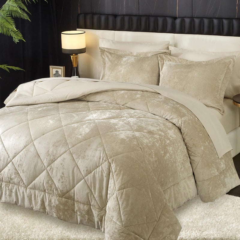 Ivellow King Comforter Set 7 Pieces Bed in a Bag Crushed Velvet Comforter Set Flannel King Beige Comforter Ultra Soft Breathable Luxury Soft Warm Winter Bedding Set with Sheets, Pillowcases & Shams - Image 1