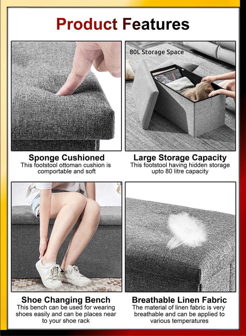 DBLEW Linen 76x38x38cm Foldable Ottoman Storage Bench Cube Boxes Footrest Shoe Changing Step Stool Padded Seat For Bedroom Hallway Chair Dorm Living Room Table Space Saving With Lid 80L Capacity  - Image 2