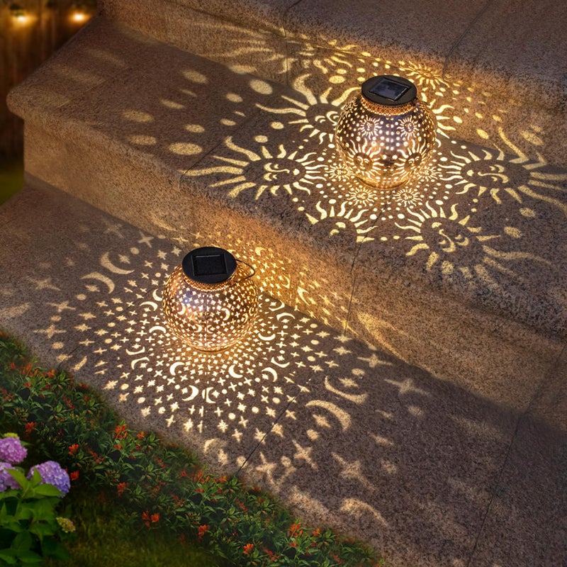 Go2garden Solar Lanterns Outdoor Waterproof Garden Gifts Women Yard Decorations Metal Moon Sun Hanging Solar Lights for Patio, Balcony, Tabletop,Birthday Mothers Day Gifts for Mom (Bronze,2Pack) - Image 1