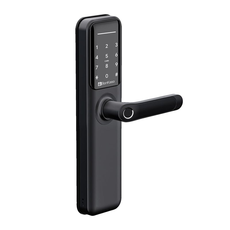 BonKaso BonKaso H9 Smart Door Lock for Home and Office 6Way Unlocking FeaturesFingerprintPasscodeKey Card AccessBluetoothMechanical KeyOTP Access2 Year WarrantyBlack Free Installation  - Image 1