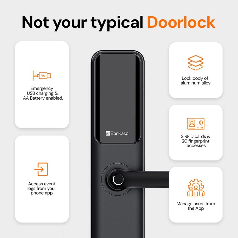 BonKaso BonKaso H9 Smart Door Lock for Home and Office 6Way Unlocking FeaturesFingerprintPasscodeKey Card AccessBluetoothMechanical KeyOTP Access2 Year WarrantyBlack Free Installation  - Image 3