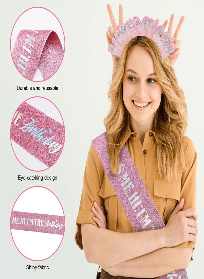NQEUEPN Birthday Sash and Headband, Pink It's Me Hi I'm The Birthday Girl Sash with Glitter Headband Sequins Hair Accessories for Girls Party Decoration Gift Supplies - Image 4