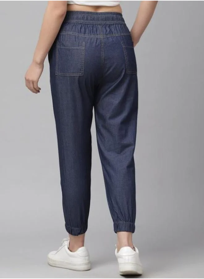 كاجوالي Denim Look Elasticated Waistband Cropped Joggers by Styli