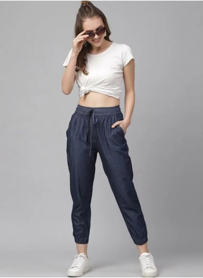 كاجوالي Denim Look Elasticated Waistband Cropped Joggers by Styli